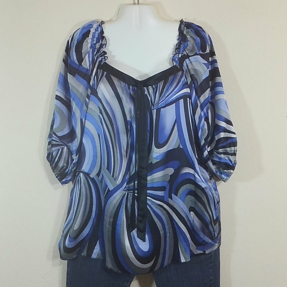 Chenault Wild Blue Swirl 100% Silk Blouse L